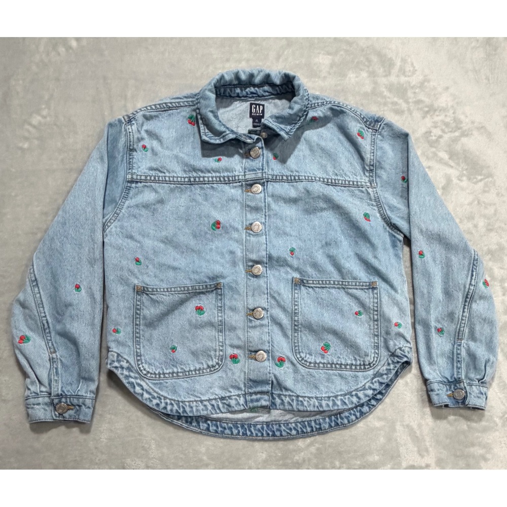 Gap Girls Denim Jacket All Over Cherry Embroidered XL 12 Light Wash Relaxed Fit